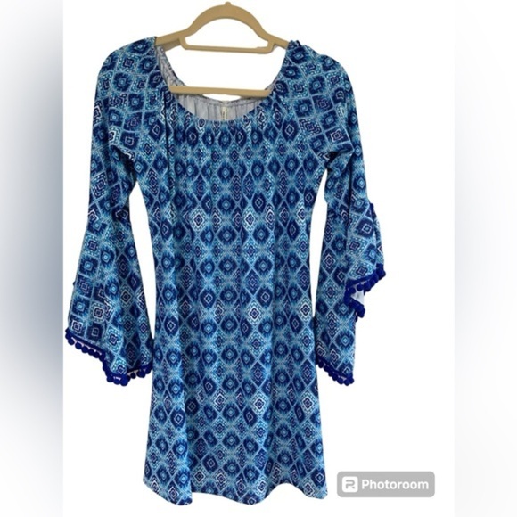 Coastal Mini Pom Pom Dress with Bell Sleeves Blue Sz M - Picture 1 of 6